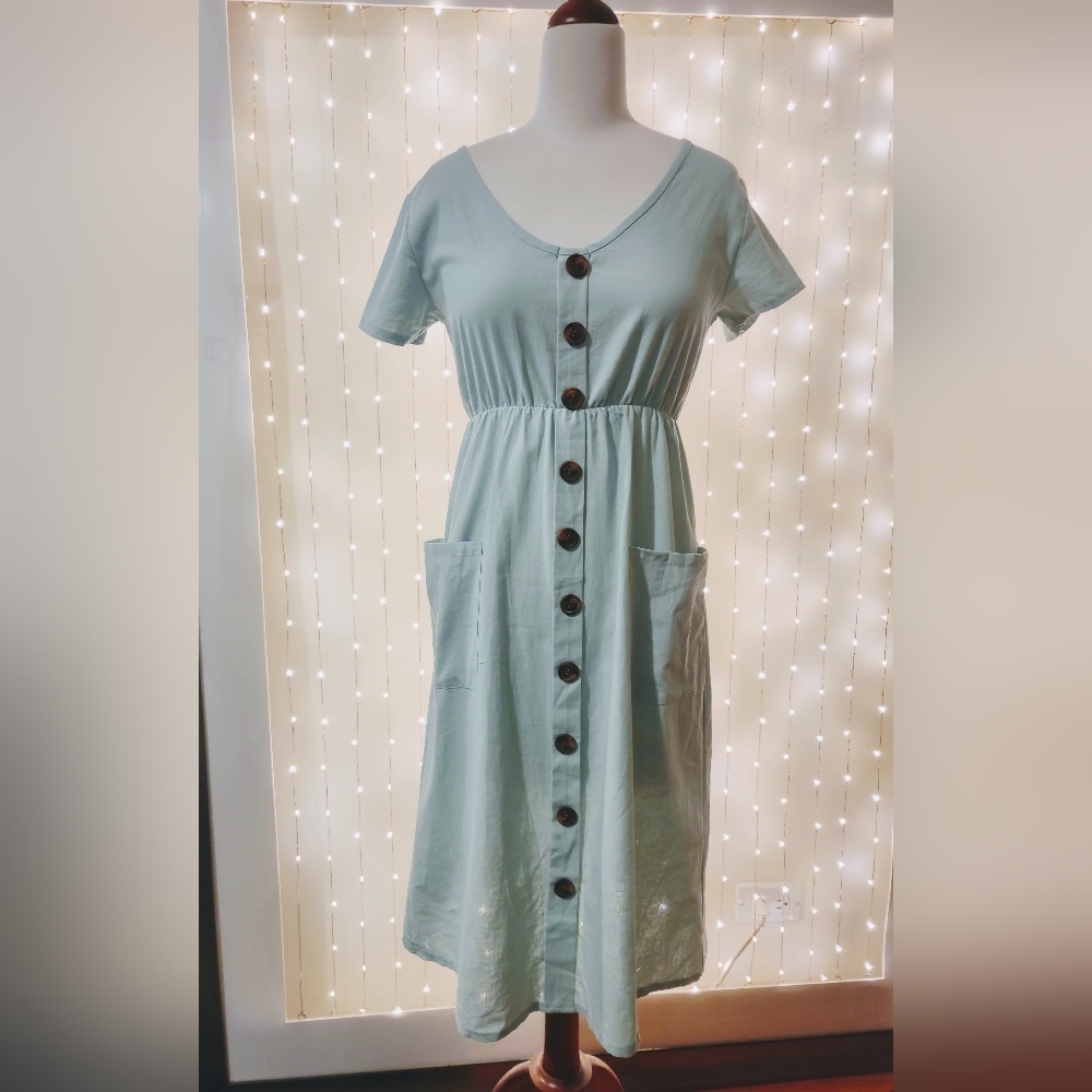NWOT Light Blue-Mint Button Down Dress, Pockets - Picture 6 of 9